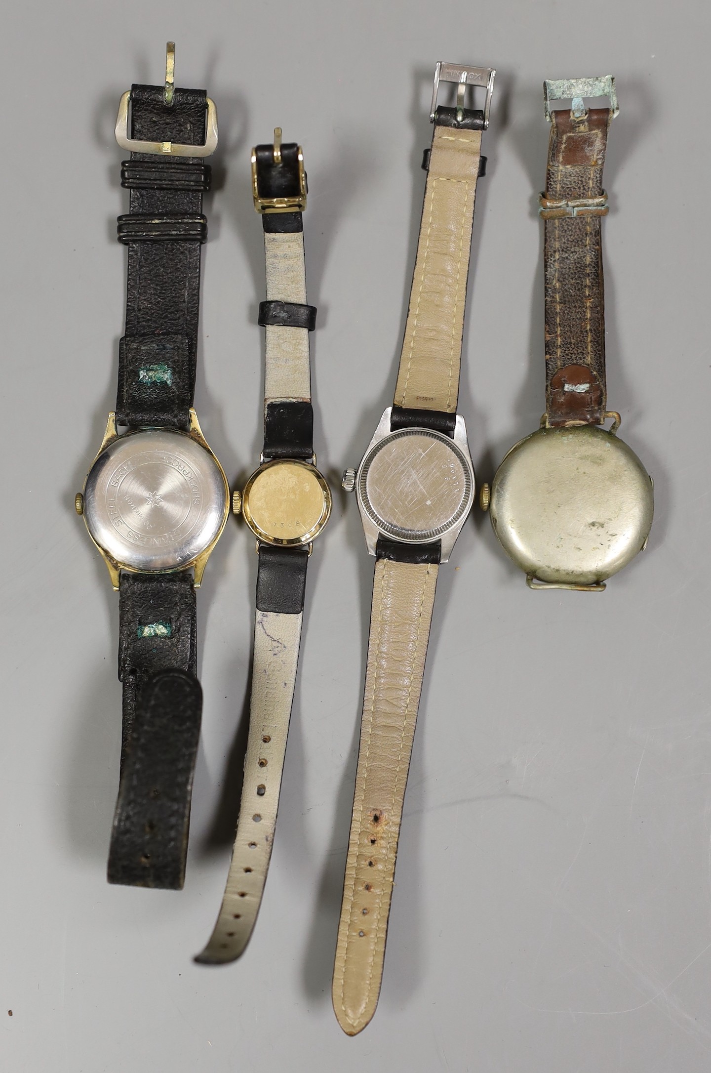 A lady's stainless steel Tudor Oyster Princess self-winding wrist watch, a lady's 9ct gold Jaeger LeCoultre manual wind wrist watch and two other watches.